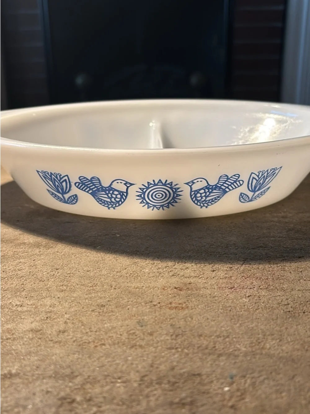 Vintage Glasbake White Divided Serving Dish with Blue Bird Motif